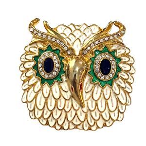 Unique gold owl brooch cream enamel green & black eyes white rhinestones trim